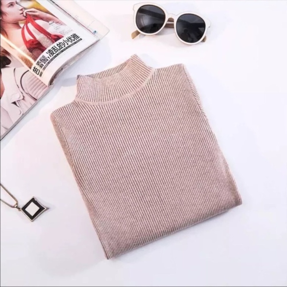 Oatmeal Beige Mock Neck Turtleneck Ribbed Sweater - Picture 5 of 8